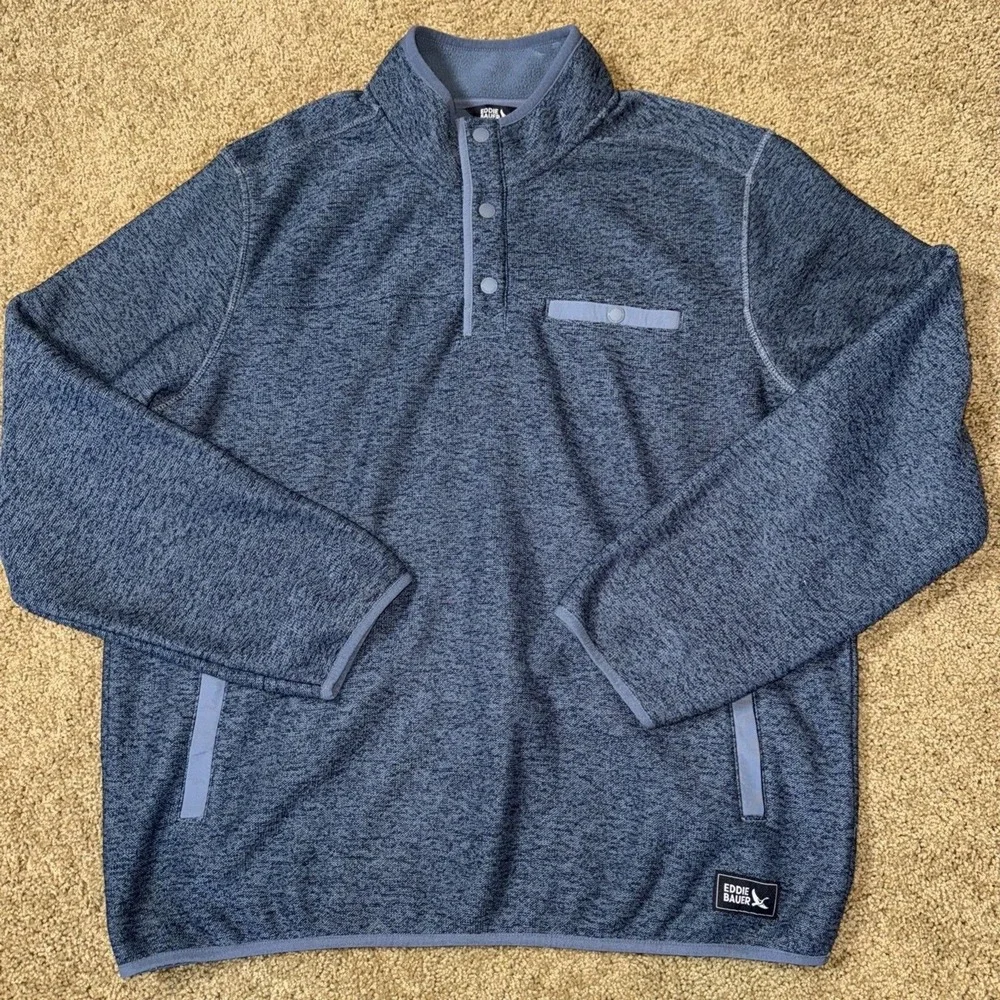 Eddie Bauer Men's Quarter Snap Warm Fleece Pullover with Pockets Blue‎ Sz XL